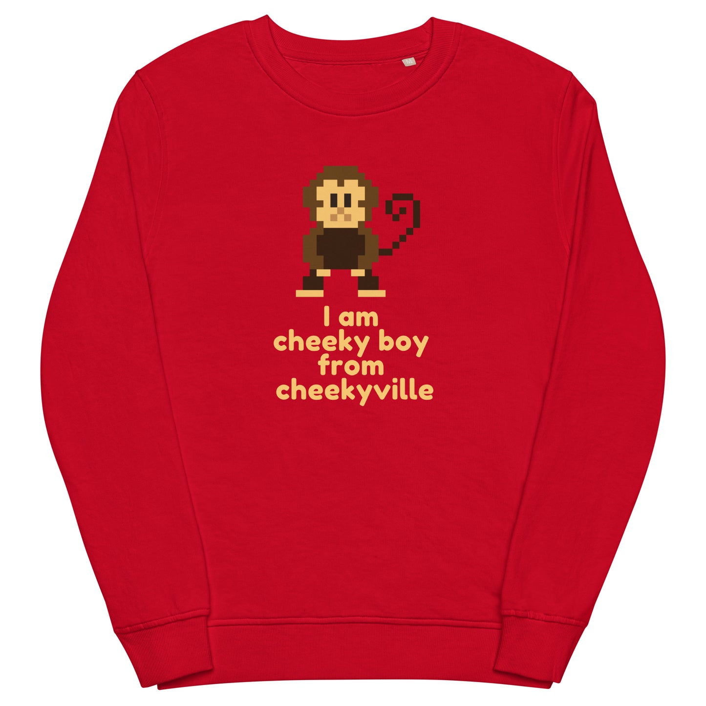 Red unisex sweatshirt with retro pixel art cheeky boy graphic and 'I am cheeky boy from cheekyville' text