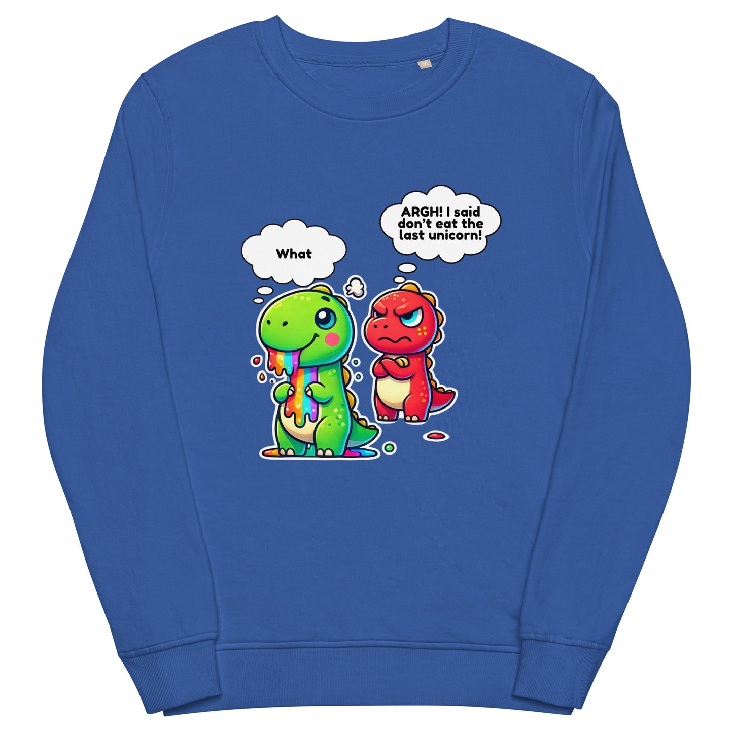 Cute dinosaur and unicorn sweatshirt – funny cartoon graphic on an organic unisex pullover.