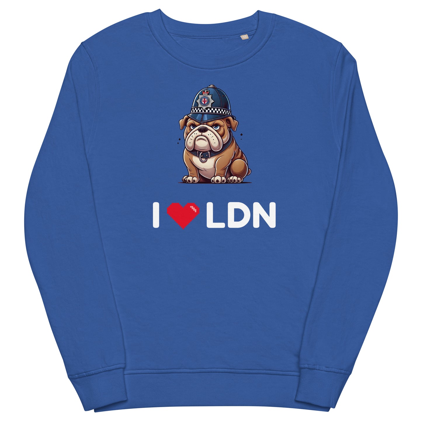 Royal blue 'I Love LDN' British Bulldog sweatshirt featuring cartoon bulldog illustration and I heart LDN text