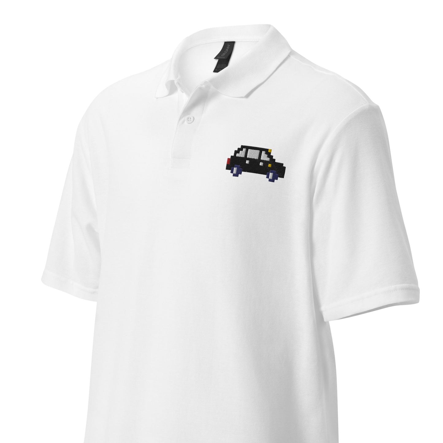 Gray polo shirt featuring a pixel art design of a black London taxi on the chest. The retro 8-bit style taxi adds a touch of iconic British charm to the casual, minimalist look of the polo