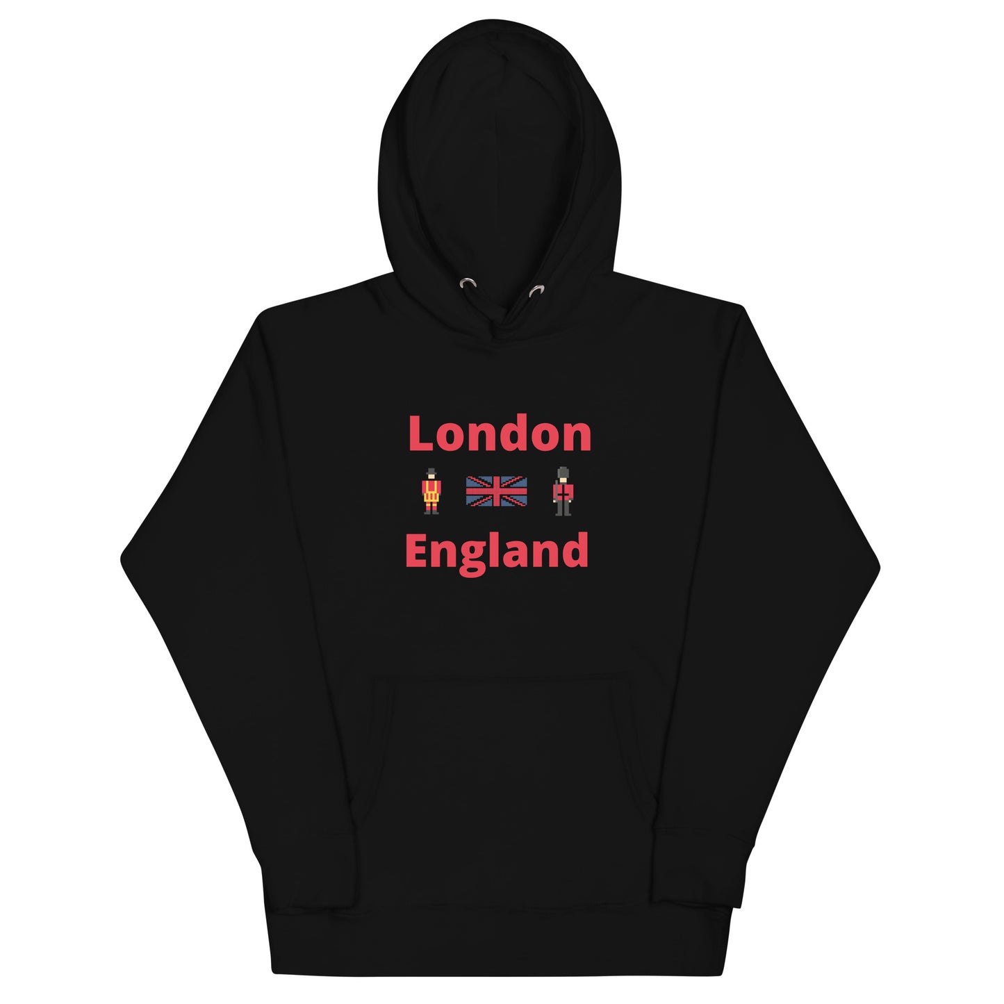 London and England in red text with pixelated royal guard, Union Jack and Royal guard