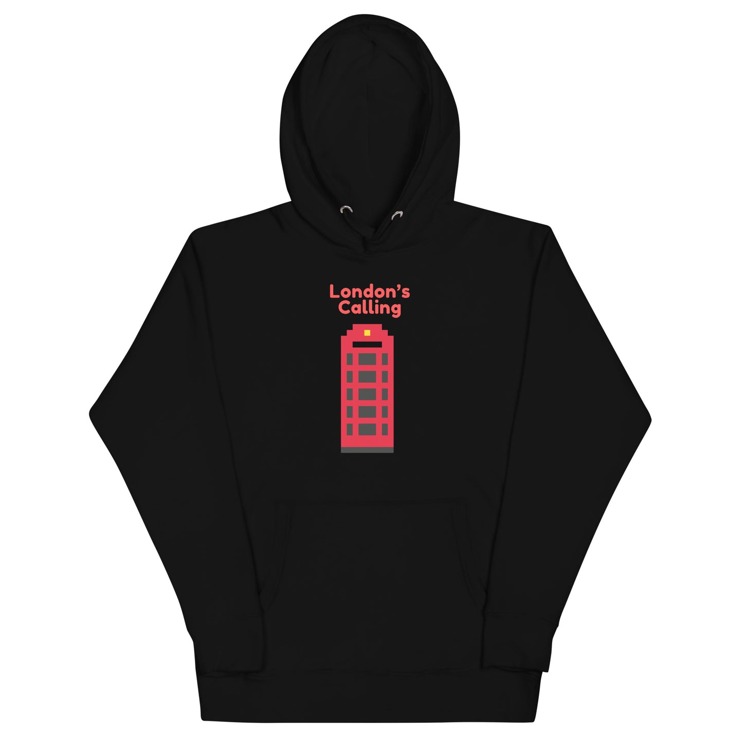 Black unisex hoodie featuring pixel art red telephone box and "London's Calling" slogan