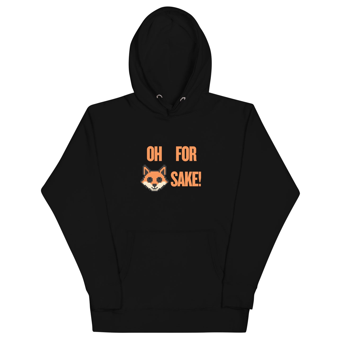 Black hoodie featuring cartoon fox with 'OH FOR SAKE!' text – funny animal pun hoodie