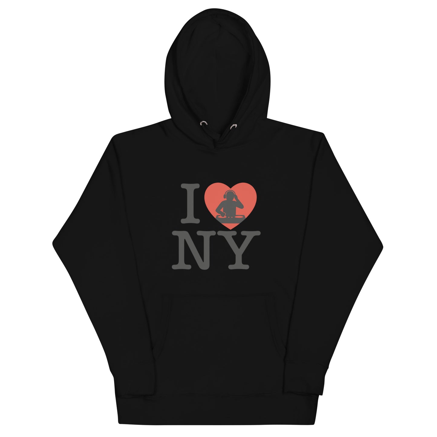 Black hoodie with “I ❤️ NY” design featuring a red heart and DJ silhouette – bold tribute to New York nightlife and urban music culture.