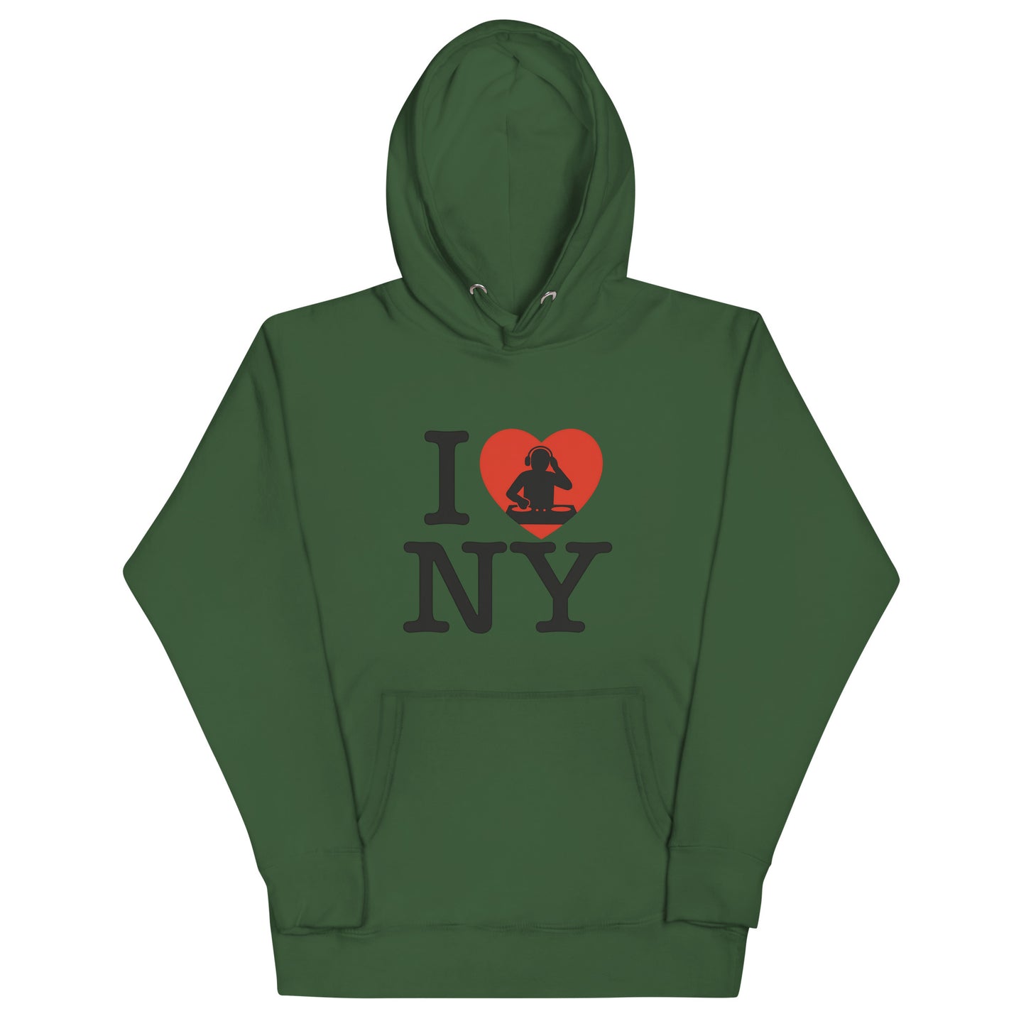 Green hoodie with “I ❤️ NY” design featuring a red heart and DJ silhouette – bold tribute to New York nightlife and urban music culture.
