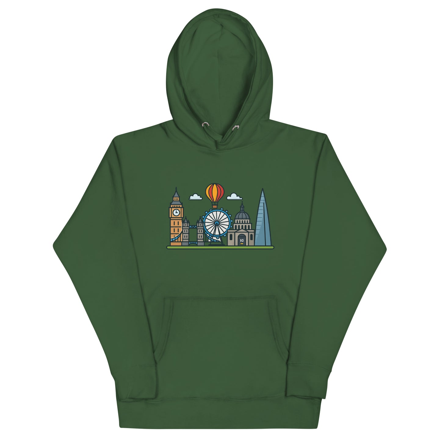 Green hoodie featuring colorful London skyline illustration with Big Ben, the London Eye, St Paul’s Cathedral, The Shard, and a hot air balloon – a stylish souvenir for UK travel lovers and London fans.