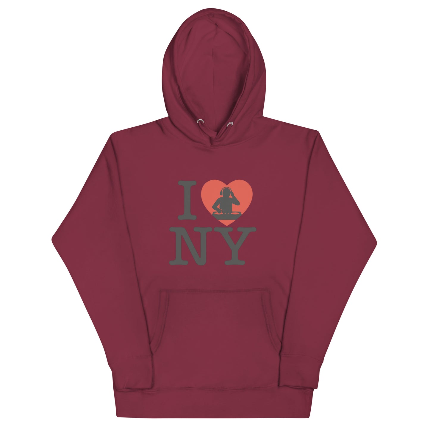 Maroon hoodie with “I ❤️ NY” design featuring a red heart and DJ silhouette – bold tribute to New York nightlife and urban music culture.