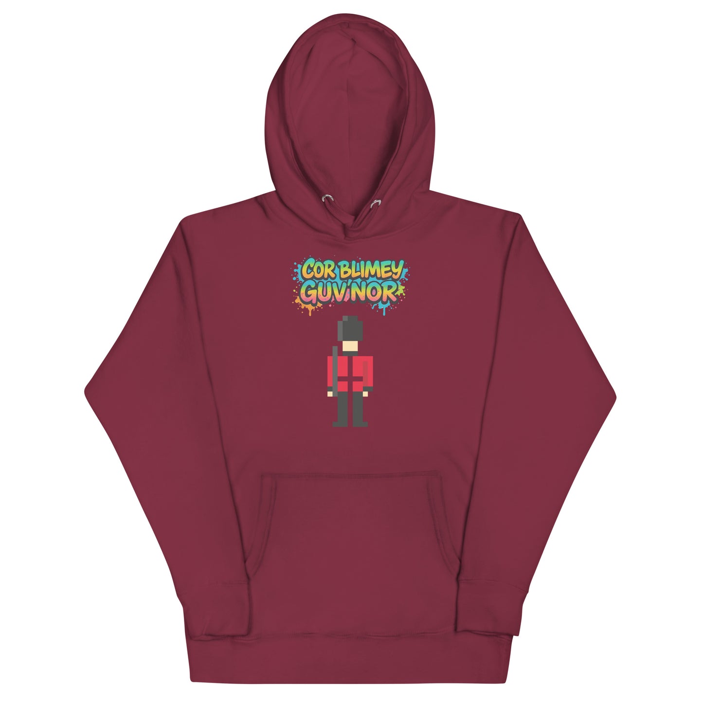 Maroon hoodie with pixel-art British Royal Guard wearing red uniform and bearskin hat with 'Cor Blimey Guvnor' text, playful UK souvenir hoodie.
