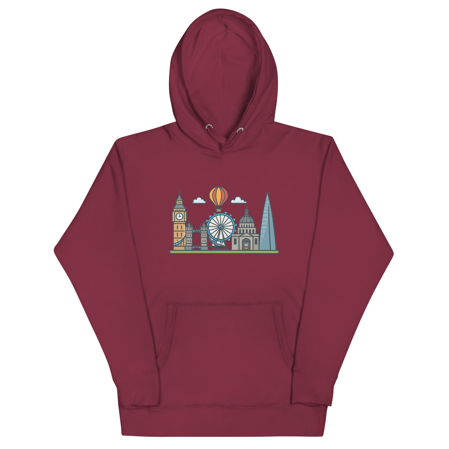 Maroon hoodie featuring colorful London skyline illustration with Big Ben, the London Eye, St Paul’s Cathedral, The Shard, and a hot air balloon – a stylish souvenir for UK travel lovers and London fans.