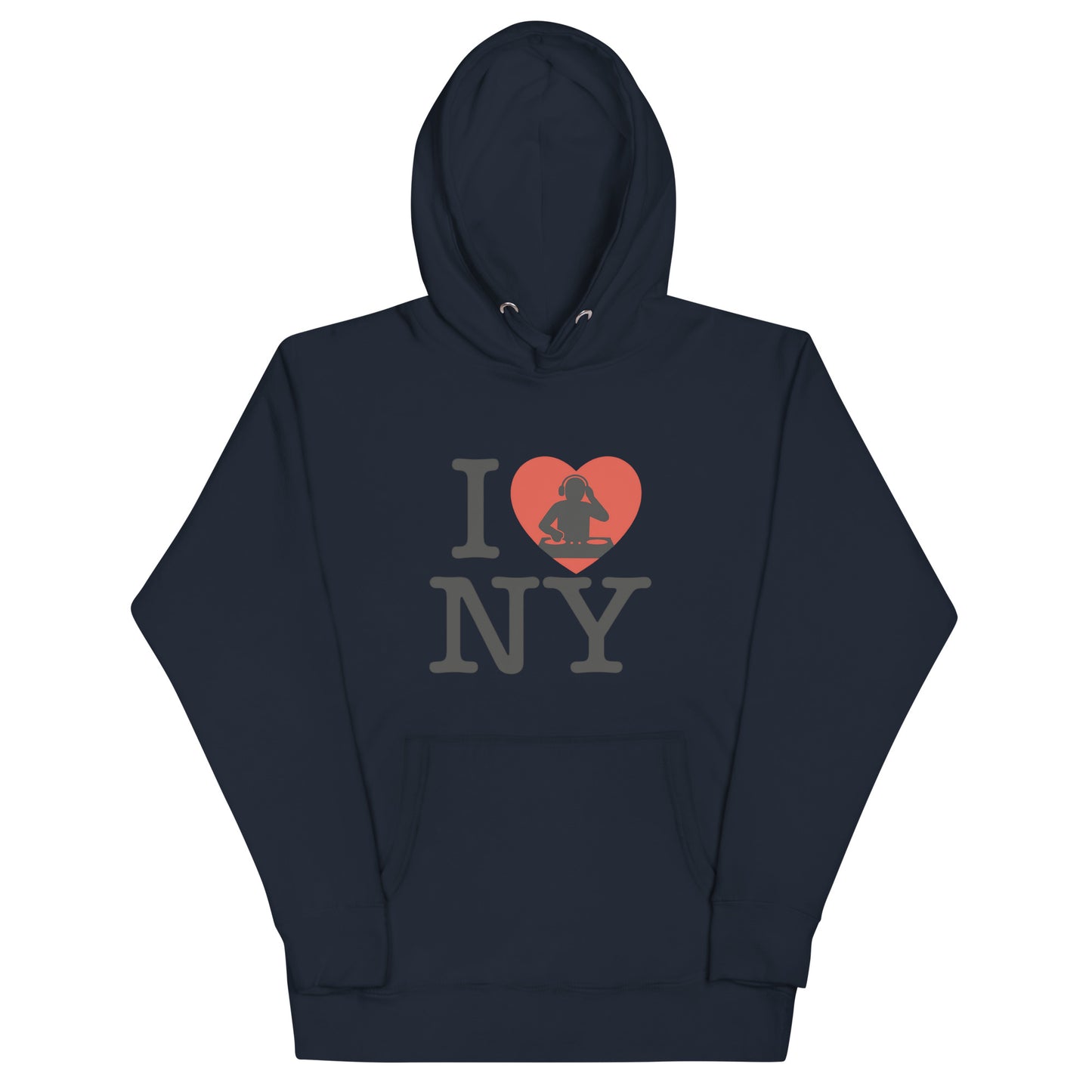 Dark Blue hoodie with “I ❤️ NY” design featuring a red heart and DJ silhouette – bold tribute to New York nightlife and urban music culture.