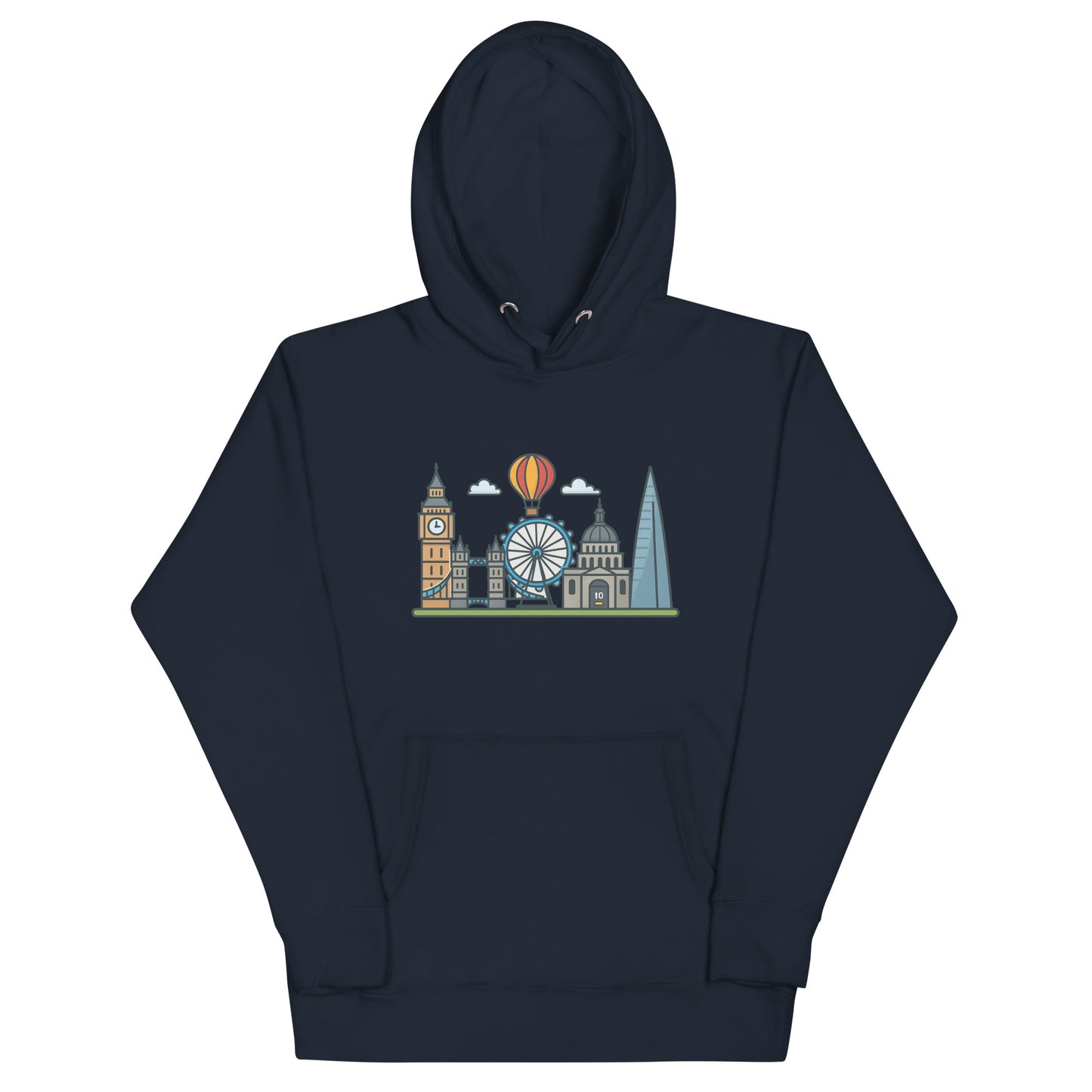 Dark grey hoodie featuring colorful London skyline illustration with Big Ben, the London Eye, St Paul’s Cathedral, The Shard, and a hot air balloon – a stylish souvenir for UK travel lovers and London fans.