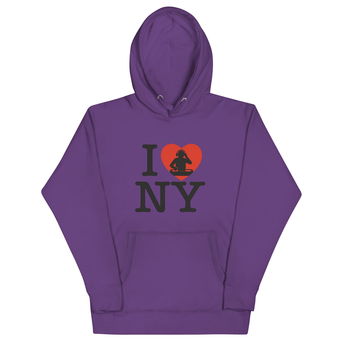 Purple hoodie with “I ❤️ NY” design featuring a red heart and DJ silhouette – bold tribute to New York nightlife and urban music culture.