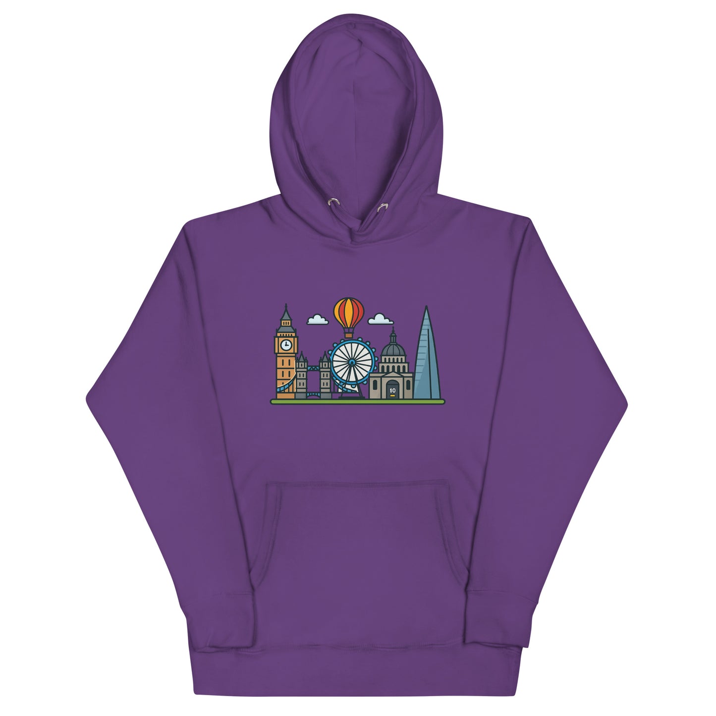 Purple hoodie featuring colorful London skyline illustration with Big Ben, the London Eye, St Paul’s Cathedral, The Shard, and a hot air balloon – a stylish souvenir for UK travel lovers and London fans.