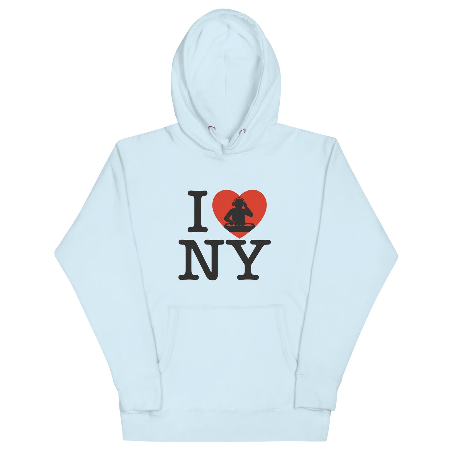 Pale Blue hoodie with “I ❤️ NY” design featuring a red heart and DJ silhouette – bold tribute to New York nightlife and urban music culture.