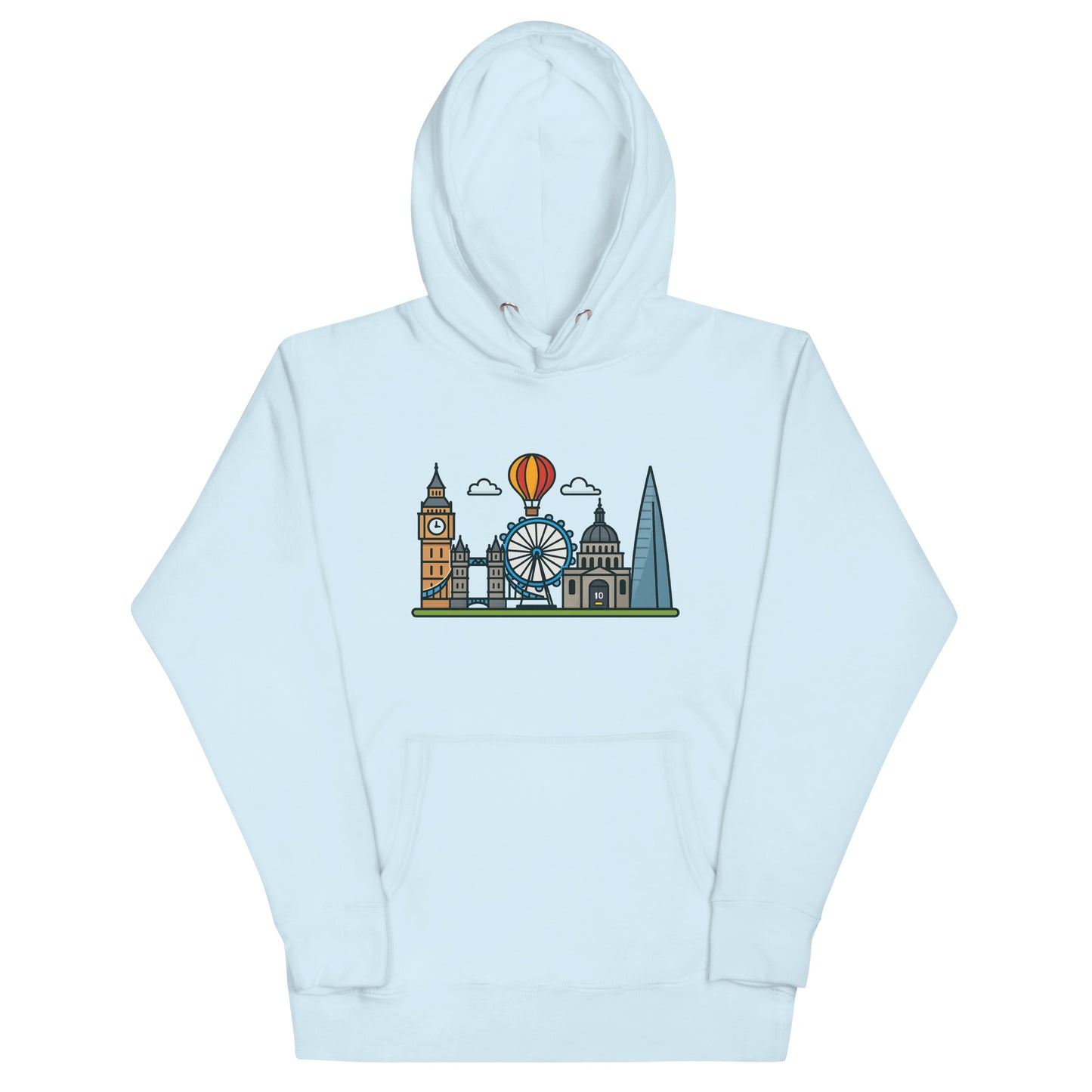 Pale Blue hoodie featuring colorful London skyline illustration with Big Ben, the London Eye, St Paul’s Cathedral, The Shard, and a hot air balloon – a stylish souvenir for UK travel lovers and London fans.