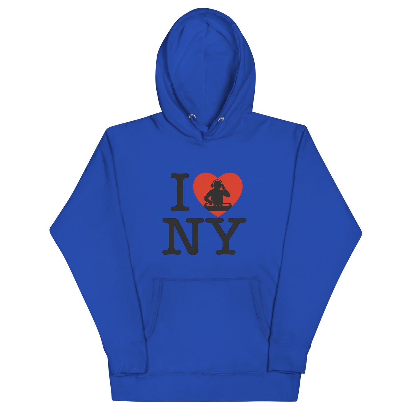 Royal Blue hoodie with “I ❤️ NY” design featuring a red heart and DJ silhouette – bold tribute to New York nightlife and urban music culture.