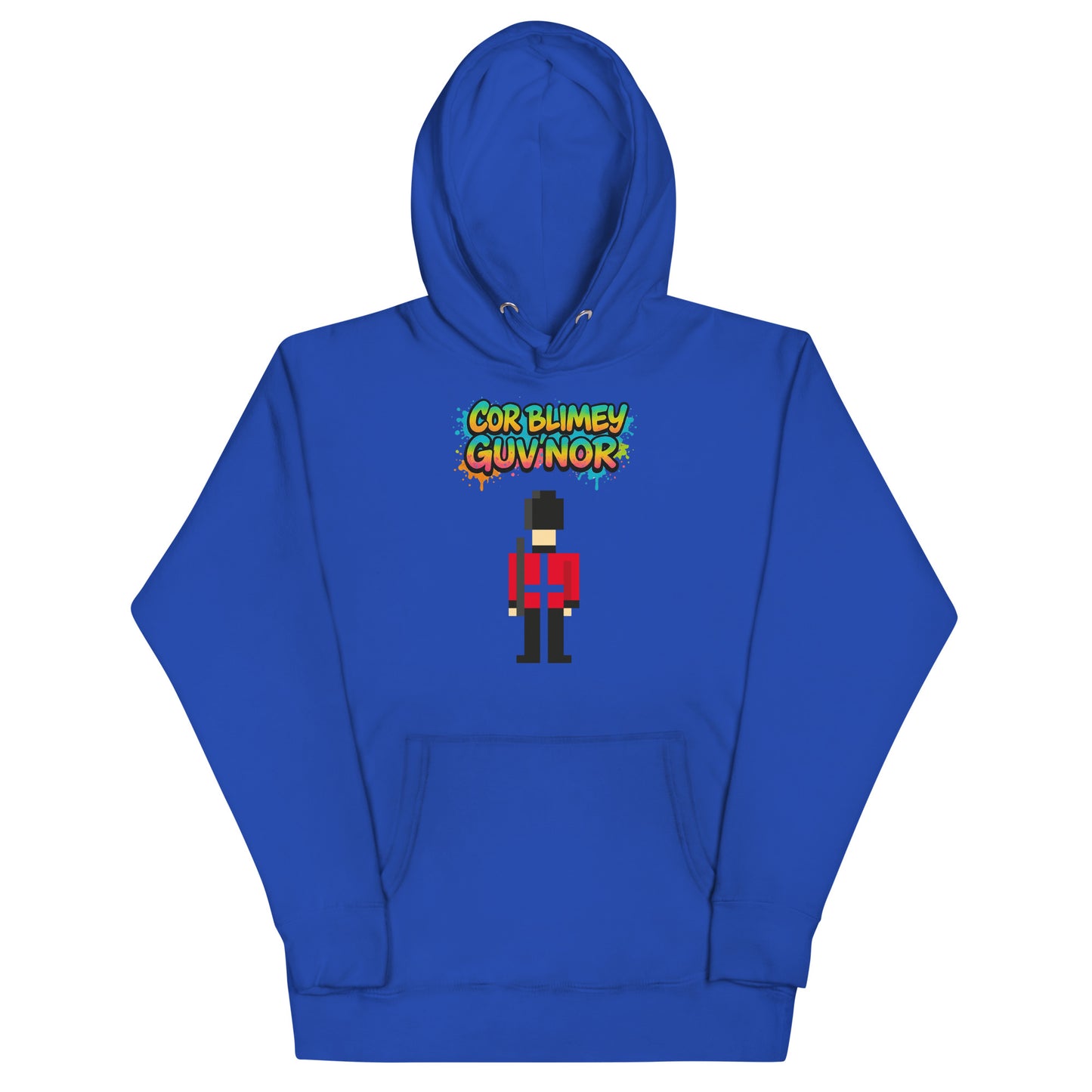 Royal blue hoodie displaying pixel-art British Royal Guard wearing red uniform and bearskin hat with 'Cor Blimey Guvnor' text – playful UK souvenir hoodie.