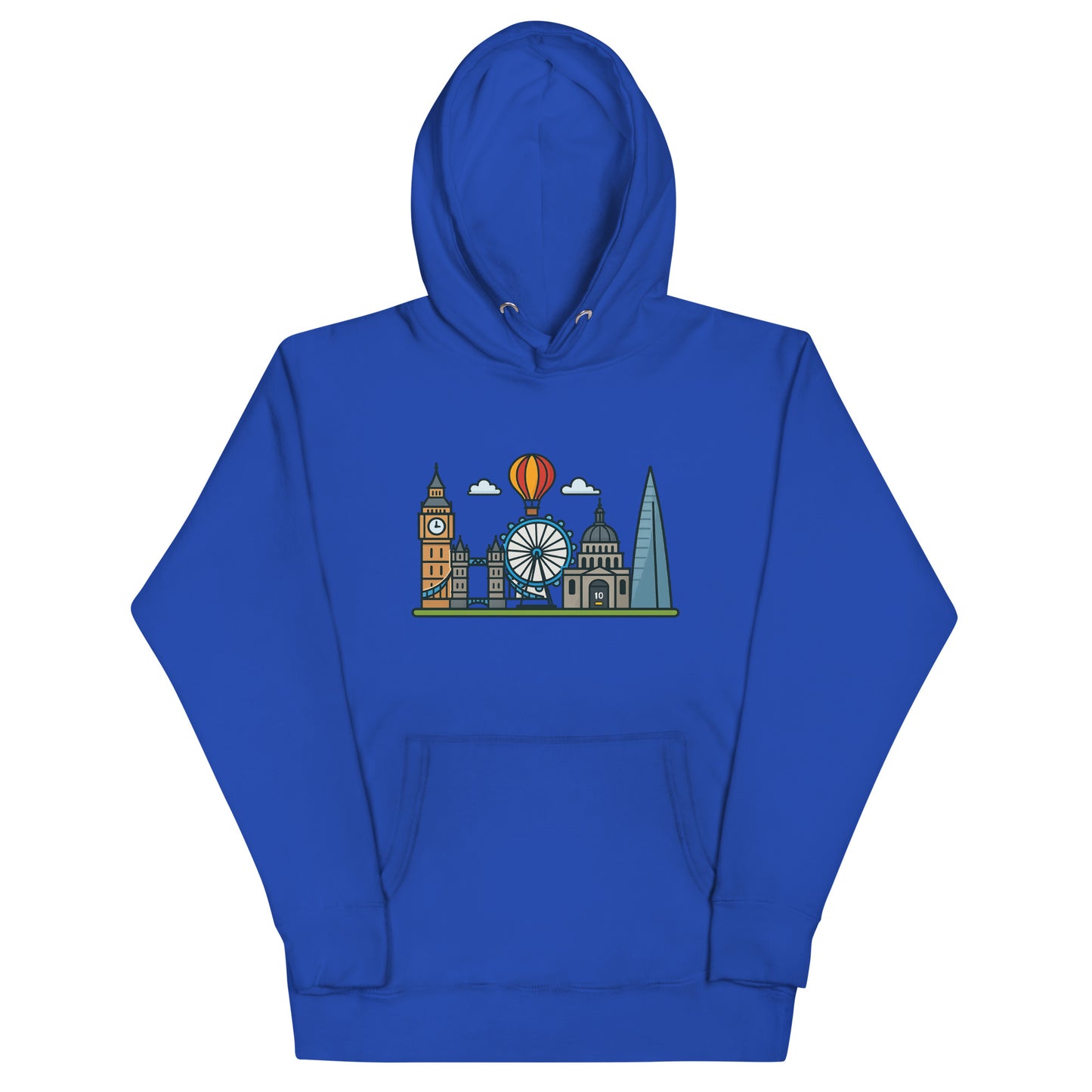 Royal blue hoodie featuring colorful London skyline illustration with Big Ben, the London Eye, St Paul’s Cathedral, The Shard, and a hot air balloon – a stylish souvenir for UK travel lovers and London fans.