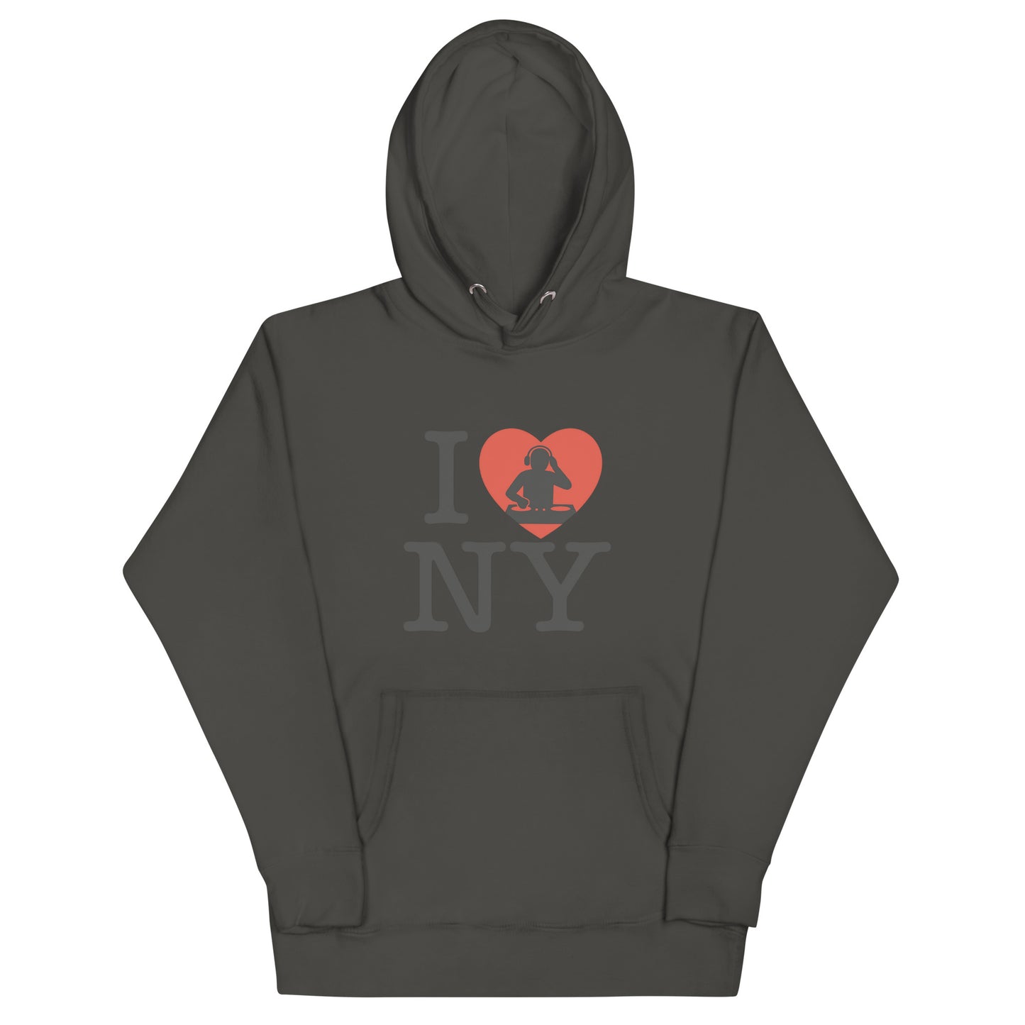 Dark Grey hoodie with “I ❤️ NY” design featuring a red heart and DJ silhouette – bold tribute to New York nightlife and urban music culture.
