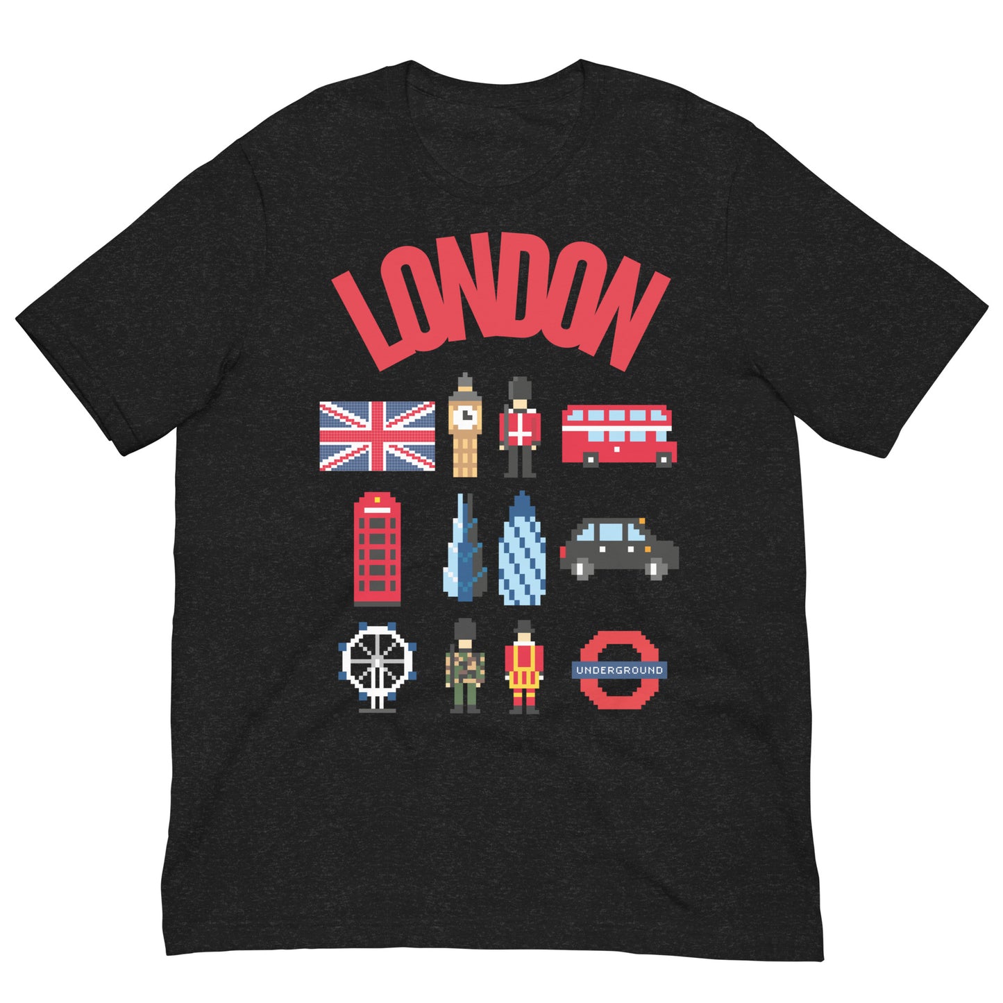 London Landmark Design with British Icons - Retro Pixelated Design T-Shirt Black Heather t-shirt
