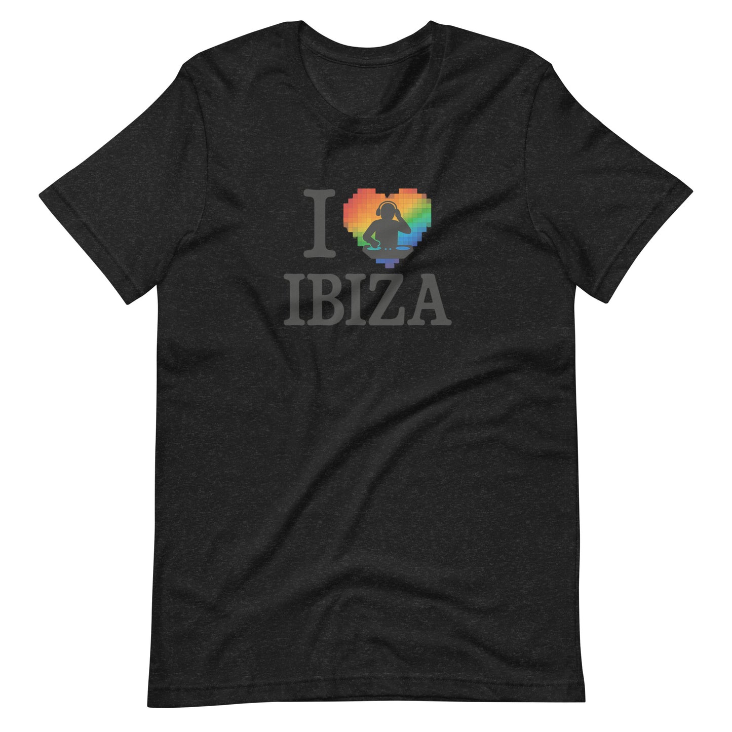 Black unisex design with “I ❤️ Ibiza” text featuring a rainbow-colored heart and DJ graphics – perfect for Ibiza nightlife fans and party lovers