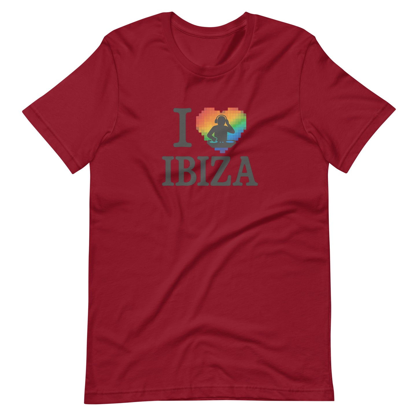 Red unisex design with “I ❤️ Ibiza” text featuring a rainbow-colored heart and DJ graphics – perfect for Ibiza nightlife fans and party lovers