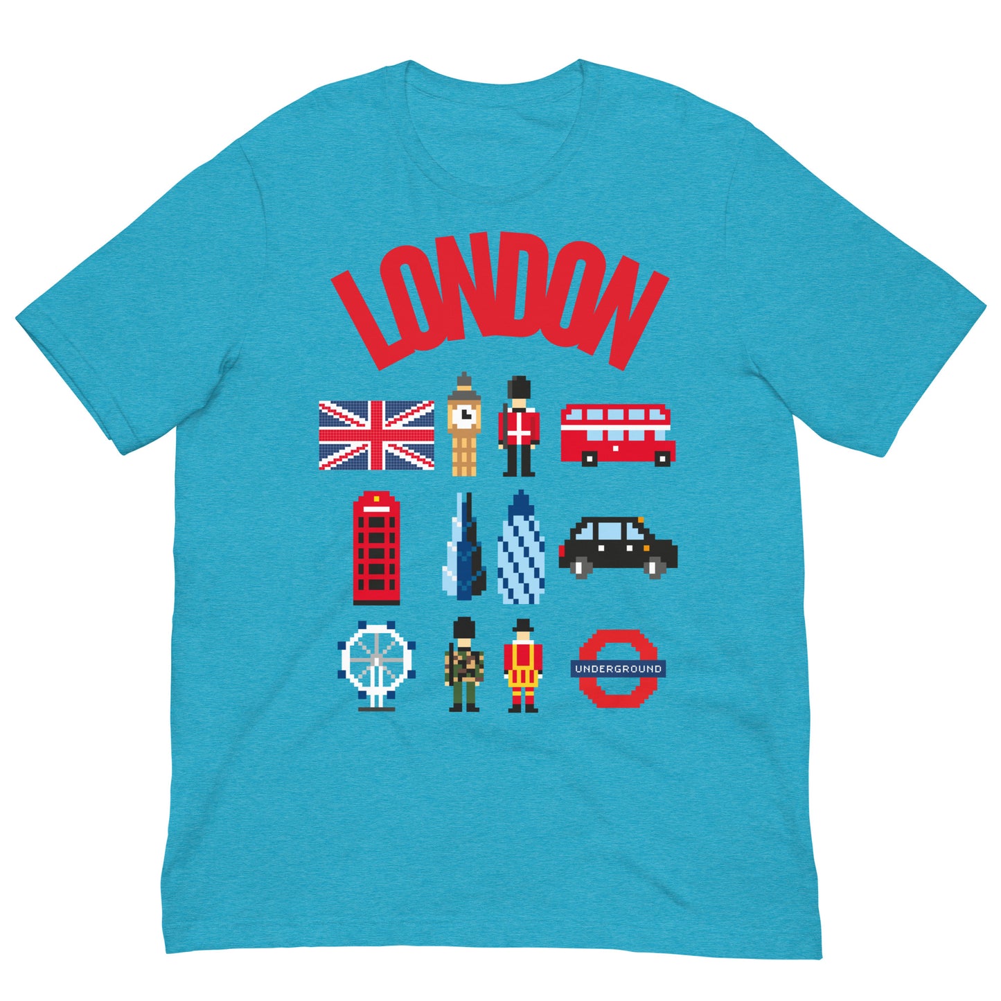 London Landmark Design with British Icons - Retro Pixelated Design T-Shirt Heather Aqua t-shirt