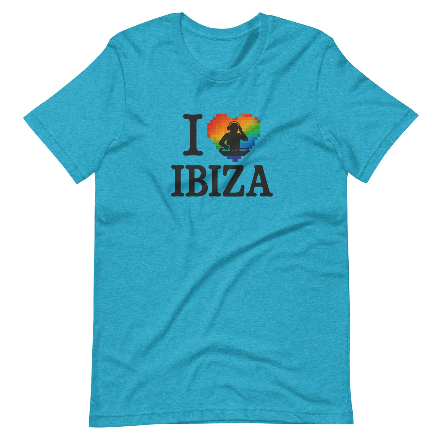 Aqua unisex design with “I ❤️ Ibiza” text featuring a rainbow-colored heart and DJ graphics – perfect for Ibiza nightlife fans and party lovers