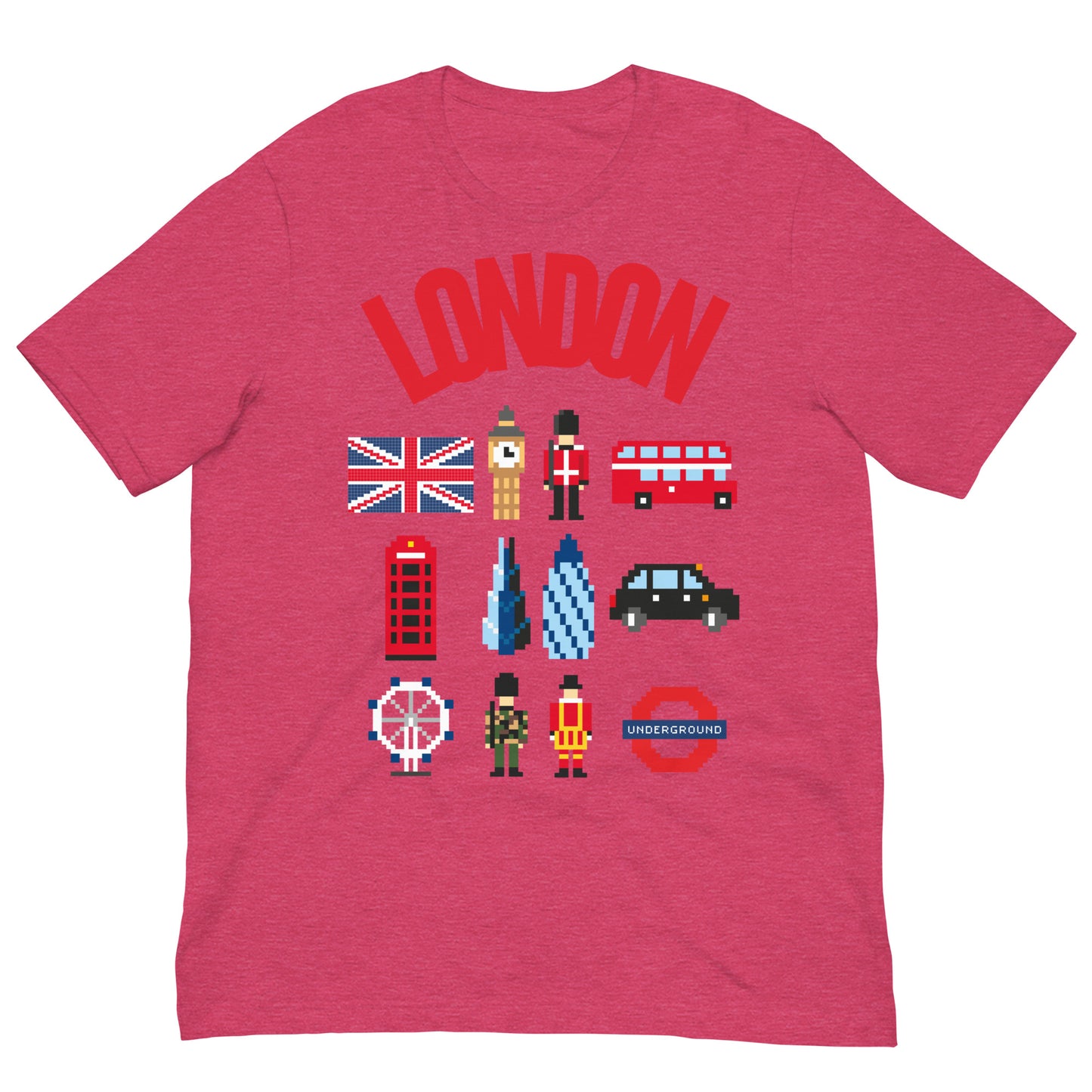 London Landmark Design with British Icons - Retro Pixelated Design T-Shirt Heather Raspberry t-shirt