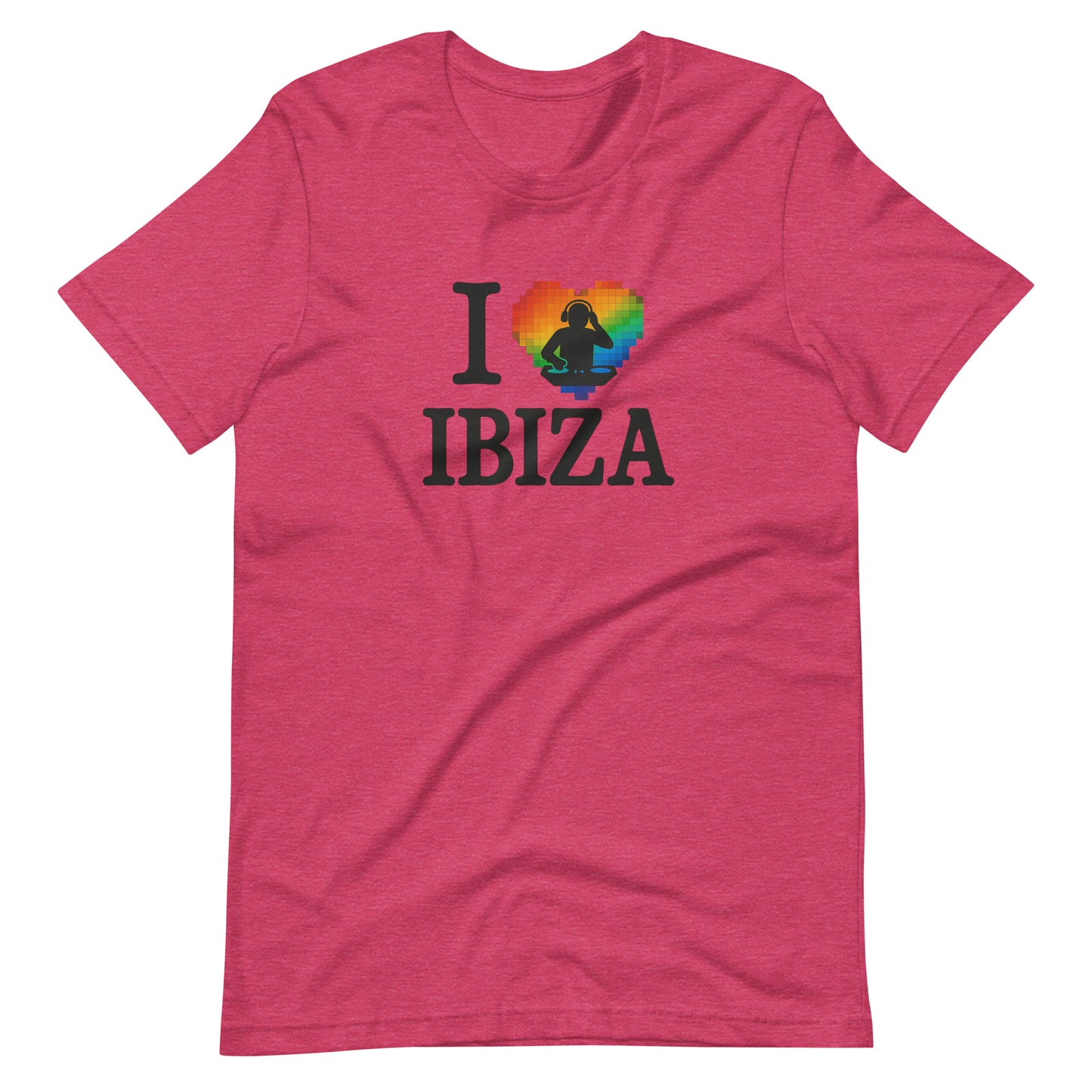 Pink unisex design with “I ❤️ Ibiza” text featuring a rainbow-colored heart and DJ graphics – perfect for Ibiza nightlife fans and party lovers