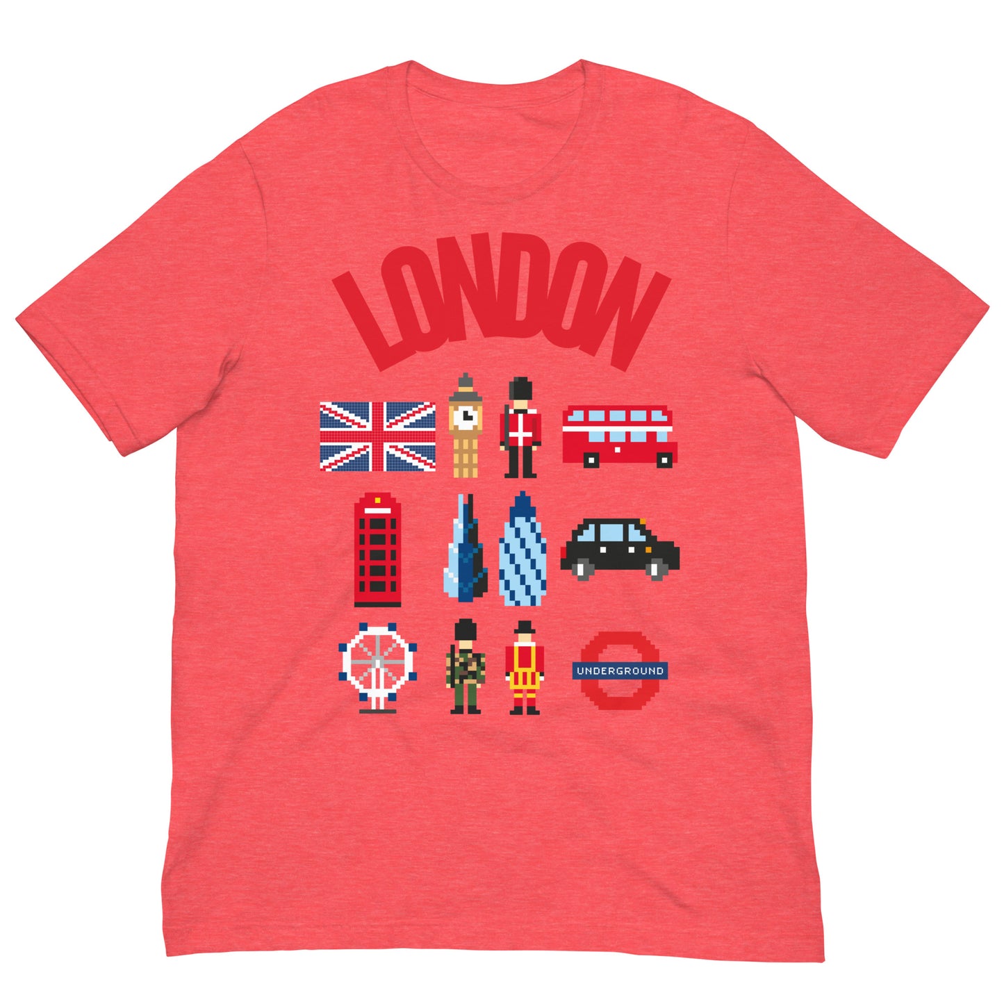 London Landmark Design with British Icons - Retro Pixelated Design T-Shirt Heather Red t-shirt