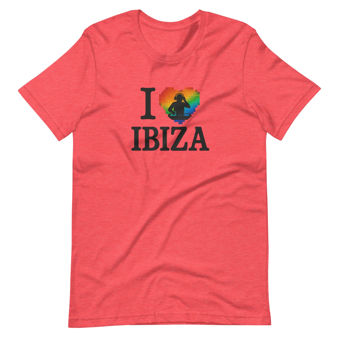 Pinky Orange unisex design with “I ❤️ Ibiza” text featuring a rainbow-colored heart and DJ graphics – perfect for Ibiza nightlife fans and party lovers