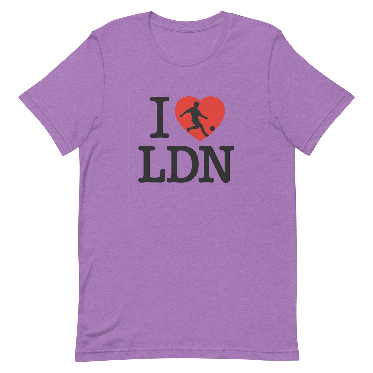 Heather purple t-shirt featuring pixel‑art footballer silhouette inside a red heart with LDN lettering – unique London football souvenir tee