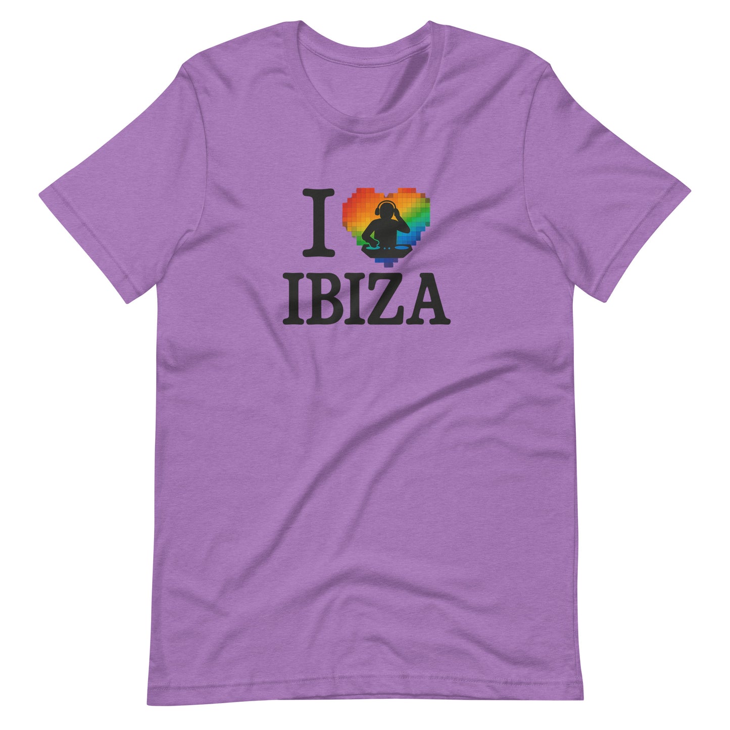 Purple unisex design with “I ❤️ Ibiza” text featuring a rainbow-colored heart and DJ graphics – perfect for Ibiza nightlife fans and party lovers