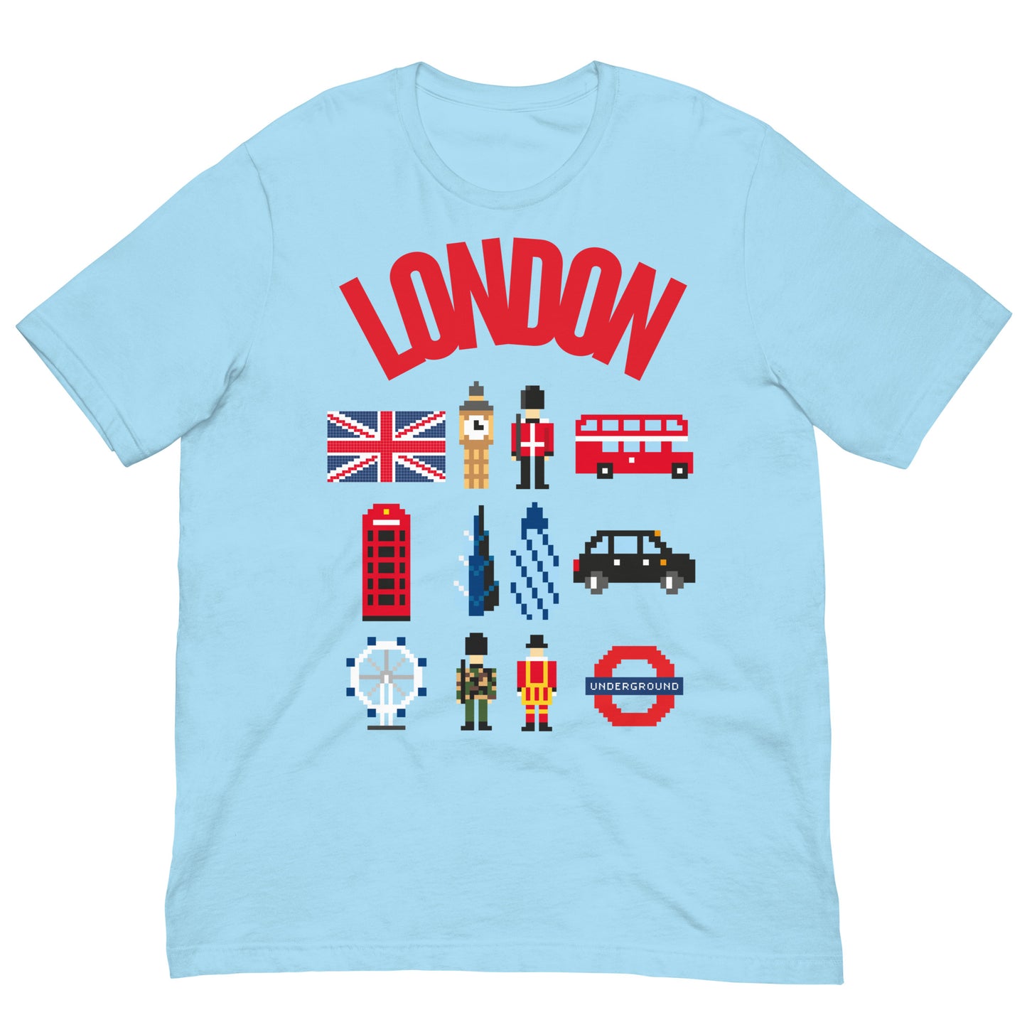 London Landmark Design with British Icons - Retro Pixelated Design T-Shirt Ocean Blue t-shirt