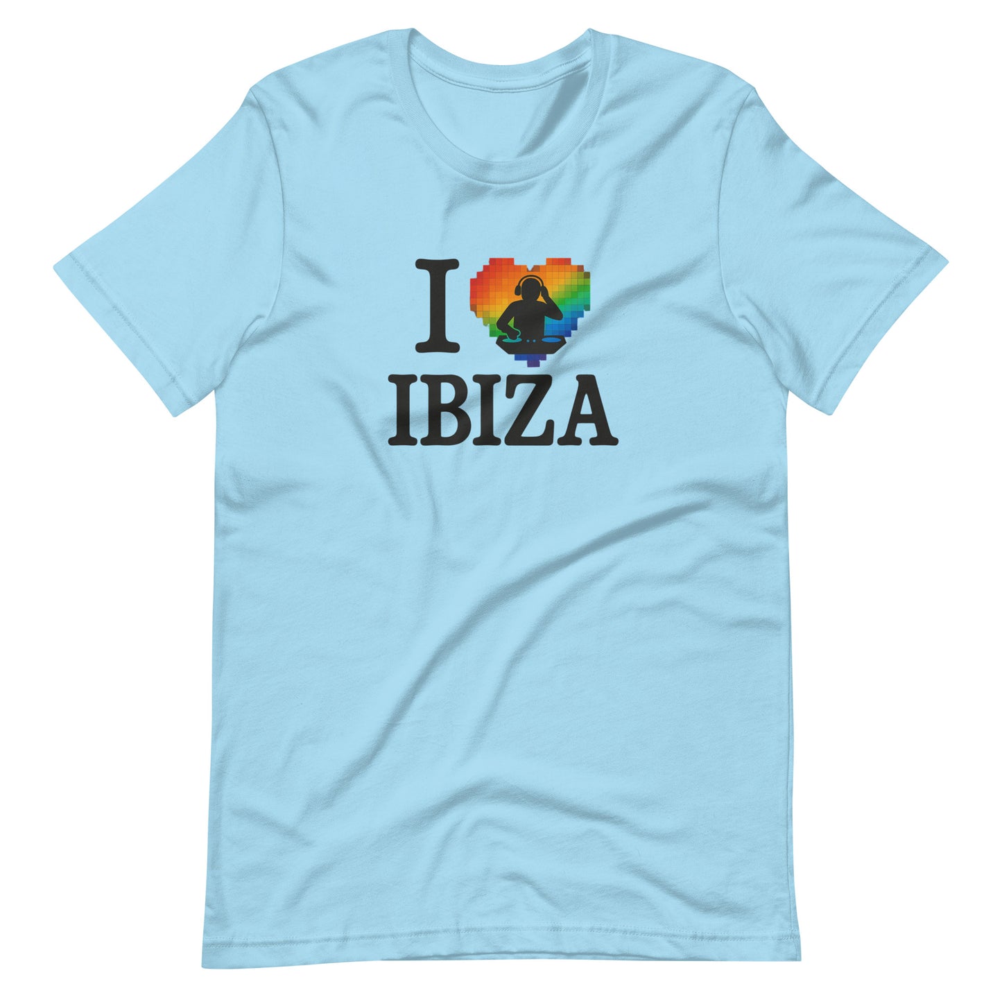 Pale Blue unisex design with “I ❤️ Ibiza” text featuring a rainbow-colored heart and DJ graphics – perfect for Ibiza nightlife fans and party lovers