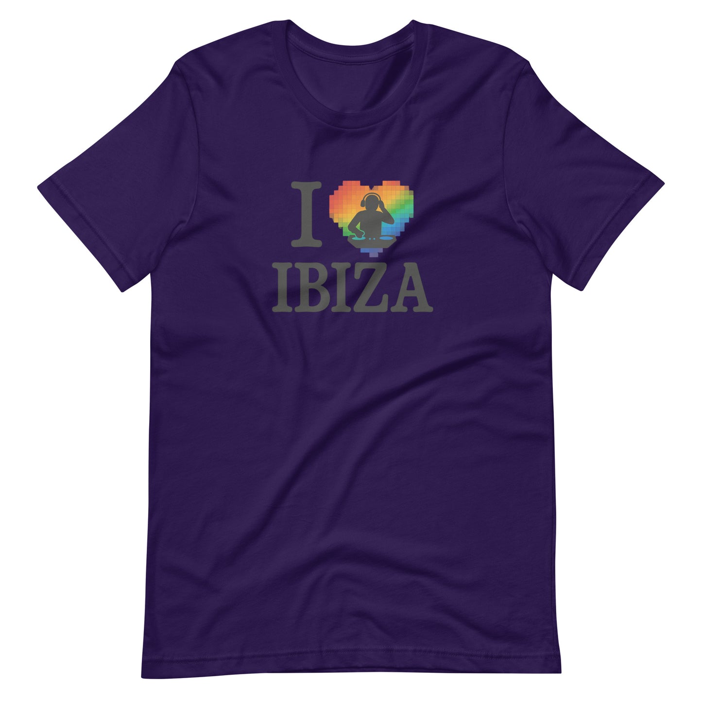 Dark Blue unisex design with “I ❤️ Ibiza” text featuring a rainbow-colored heart and DJ graphics – perfect for Ibiza nightlife fans and party lovers