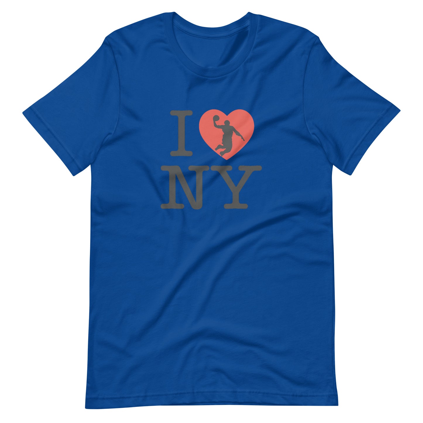 True royal blue T shirt featuring a pixel‑art basketball player silhouette inside a red heart with the letters ‘NY’ – sporty unisex New York souvenir
