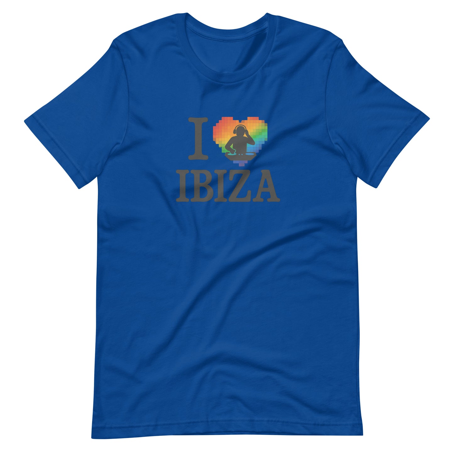 Royal blue unisex design with “I ❤️ Ibiza” text featuring a rainbow-colored heart and DJ graphics – perfect for Ibiza nightlife fans and party lovers