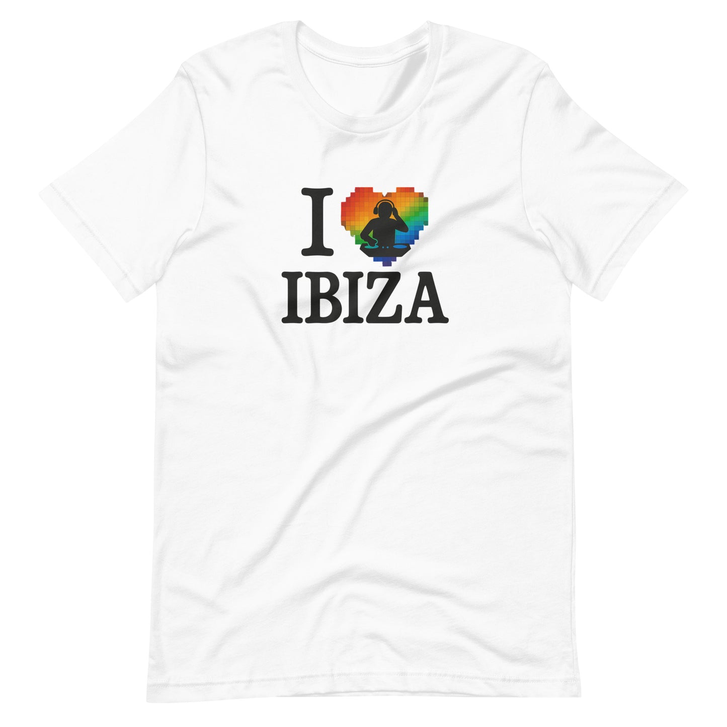 White unisex design with “I ❤️ Ibiza” text featuring a rainbow-colored heart and DJ graphics – perfect for Ibiza nightlife fans and party lovers