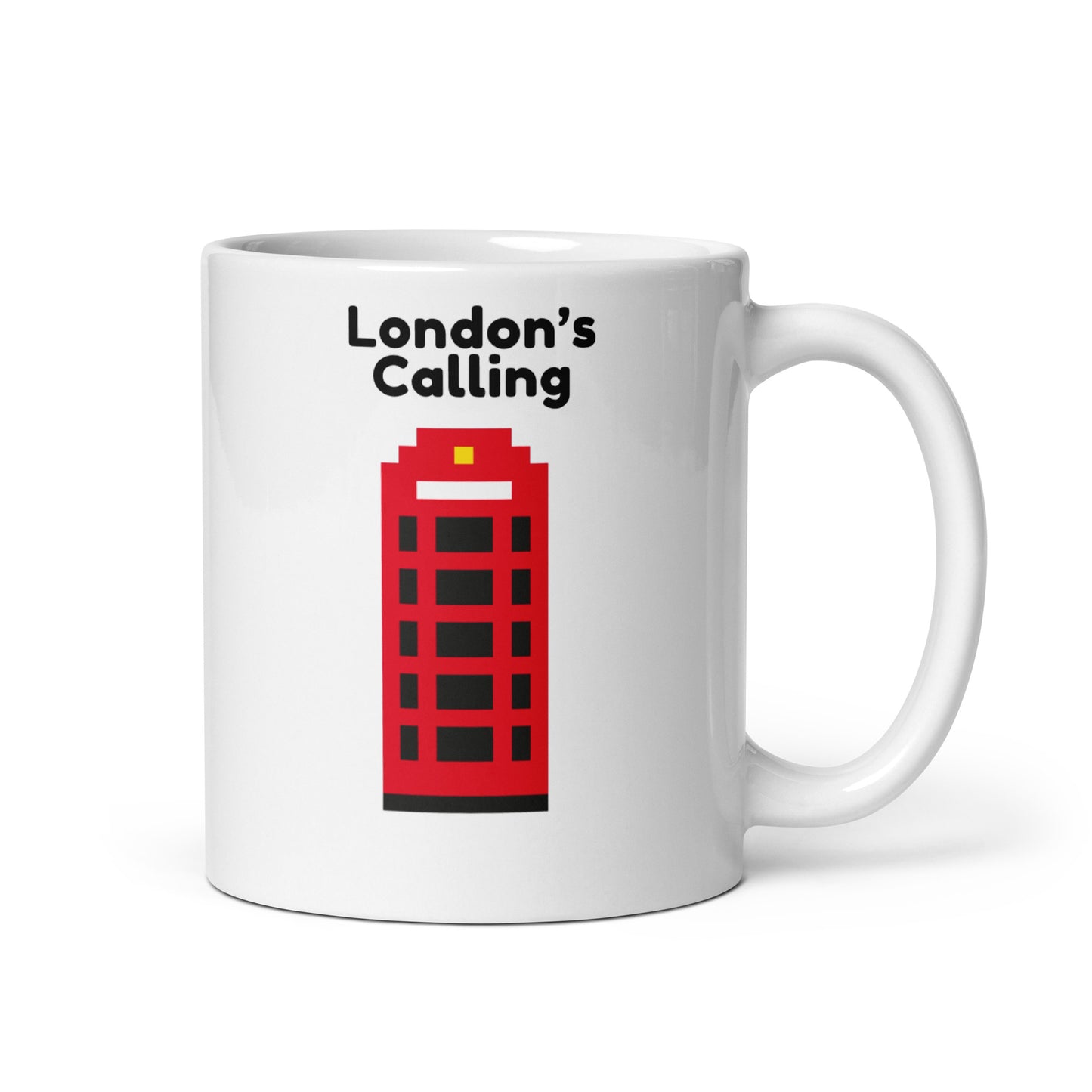 Glossy white ceramic mug featuring pixel art red telephone box and "London’s Calling" slogan