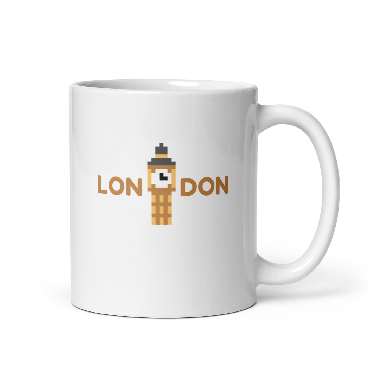 White mug with Golden Retro Pixelated Big Ben within the word London