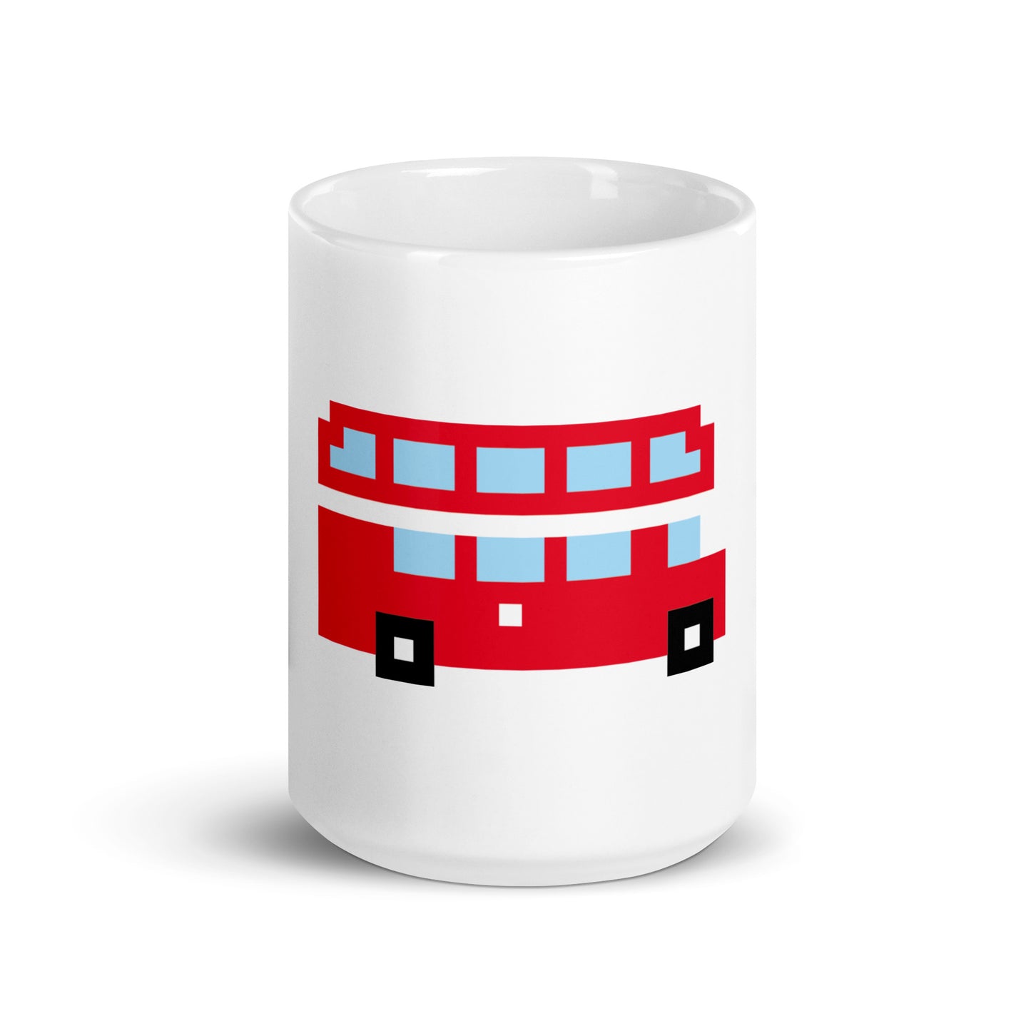 White mug with retro pixelated Red Route Master London Double Decker Bus