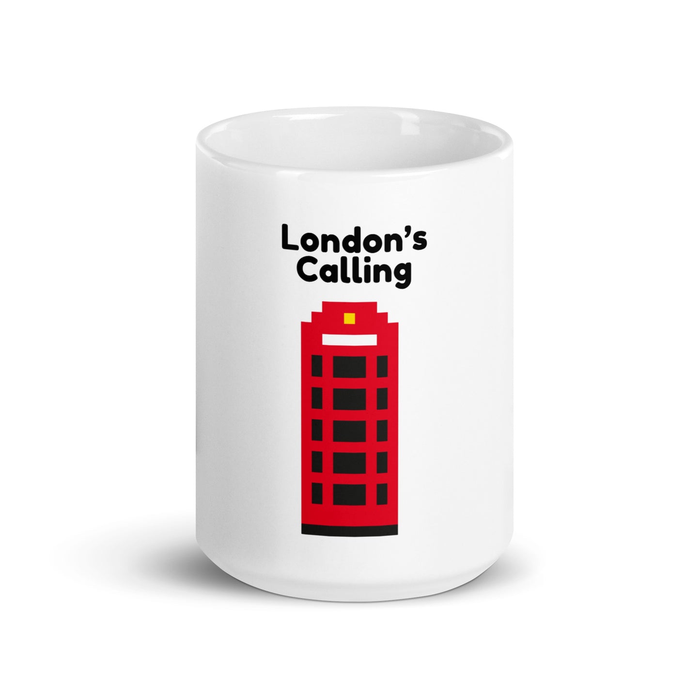 Glossy white ceramic mug featuring pixel art red telephone box and "London’s Calling" slogan, front view