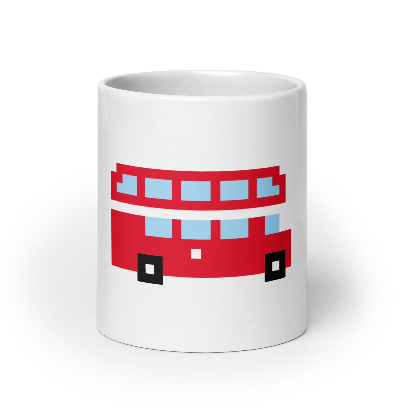 White mug with retro pixelated Red Route Master London Double Decker Bus
