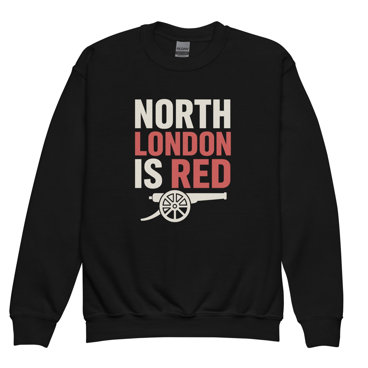 Black youth sweatshirt with 'North London is Red' graphic and white cannon motif