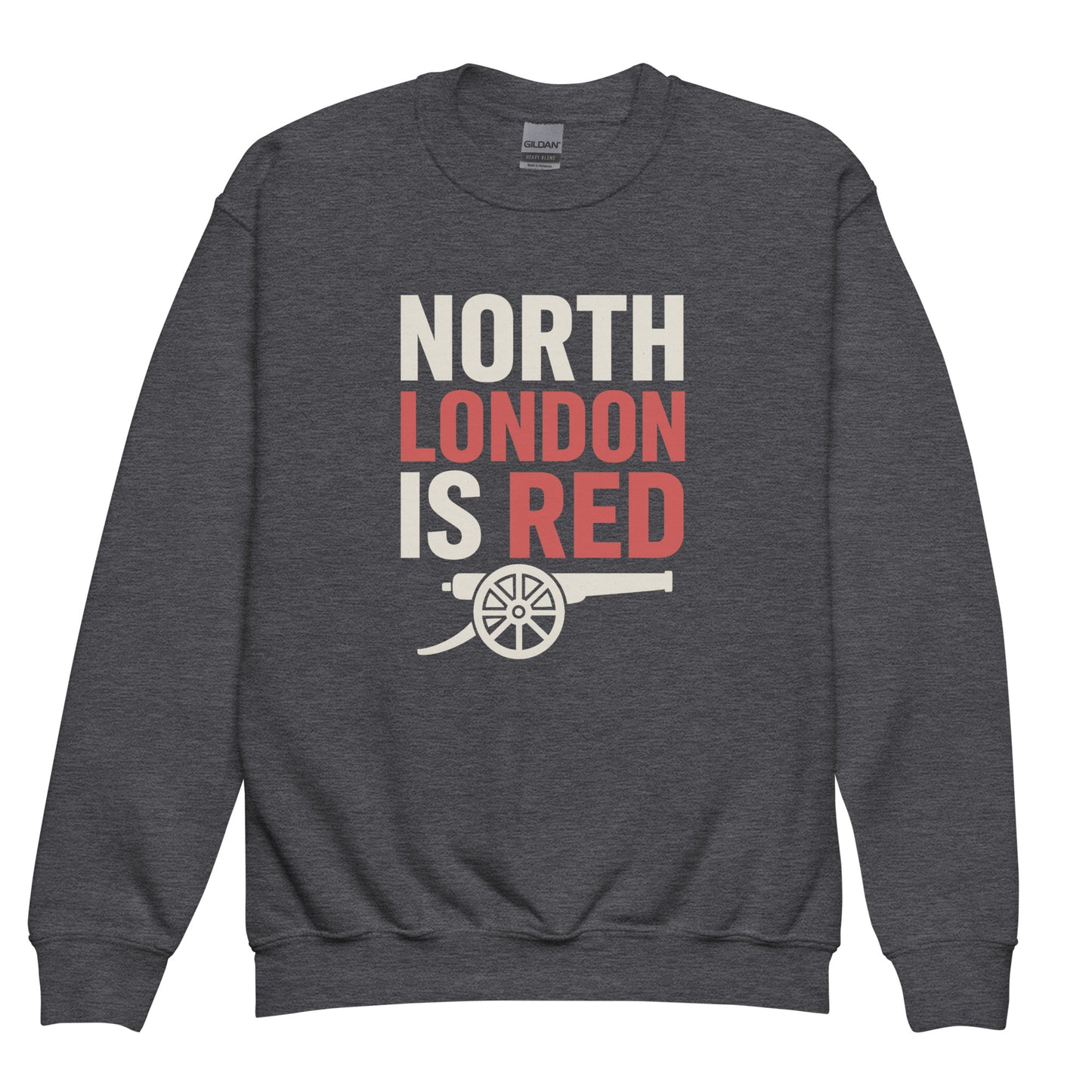 Dark heather grey youth sweatshirt with 'North London is Red' graphic and white cannon motif