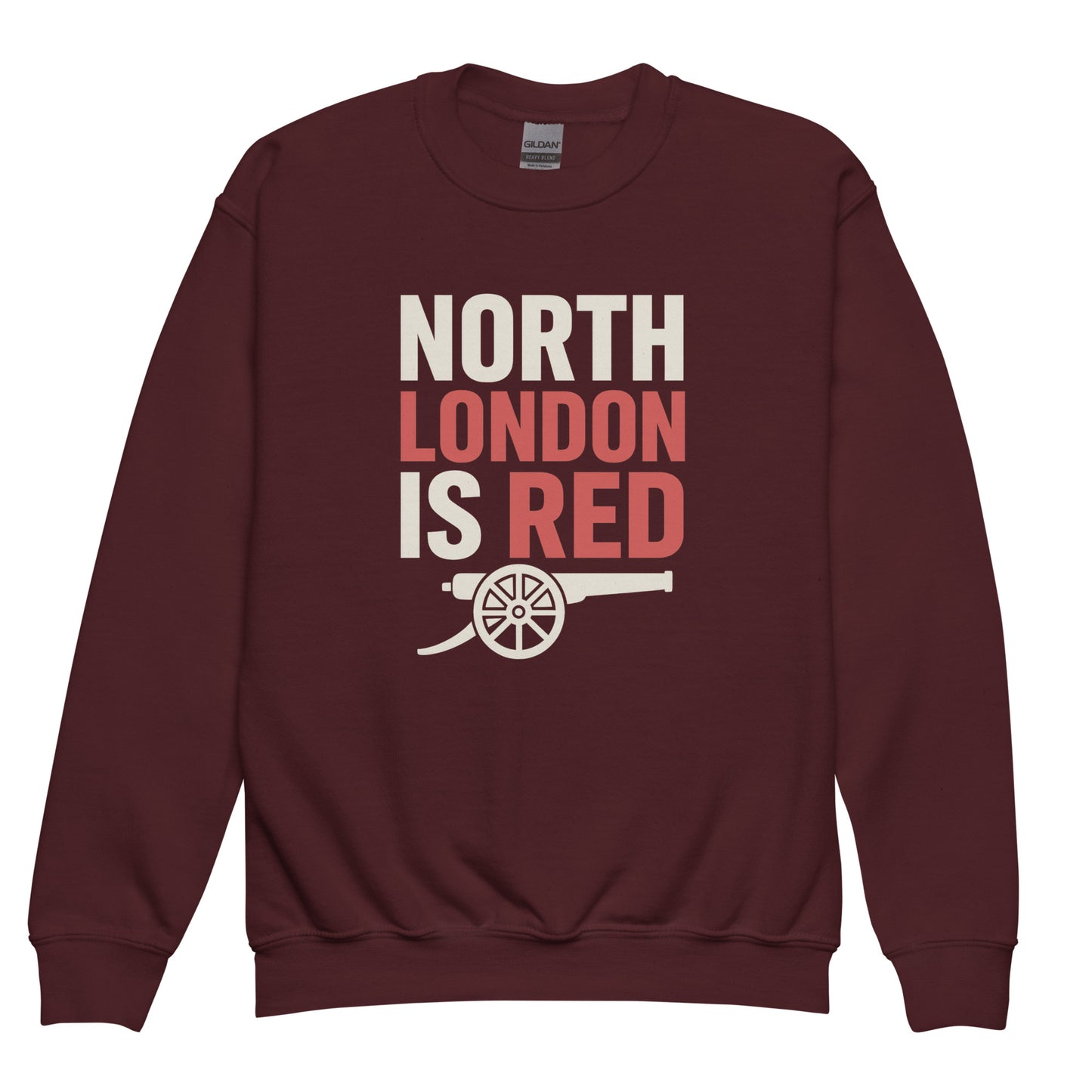 Maroon youth sweatshirt with 'North London is Red' graphic and white cannon motif