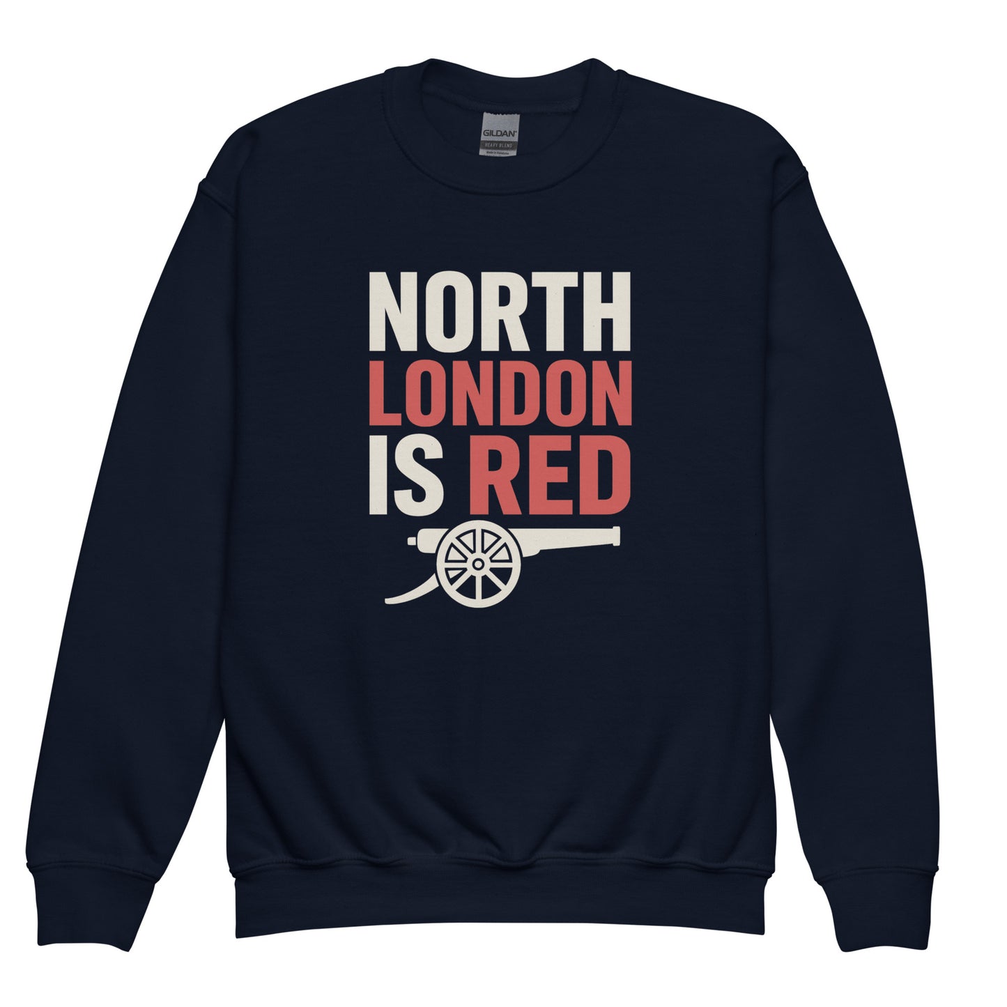 Navy youth sweatshirt with 'North London is Red' graphic and white cannon motif