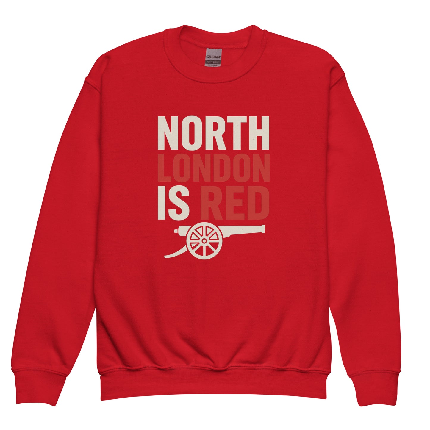 Red youth sweatshirt with 'North London is Red' graphic and white cannon motif